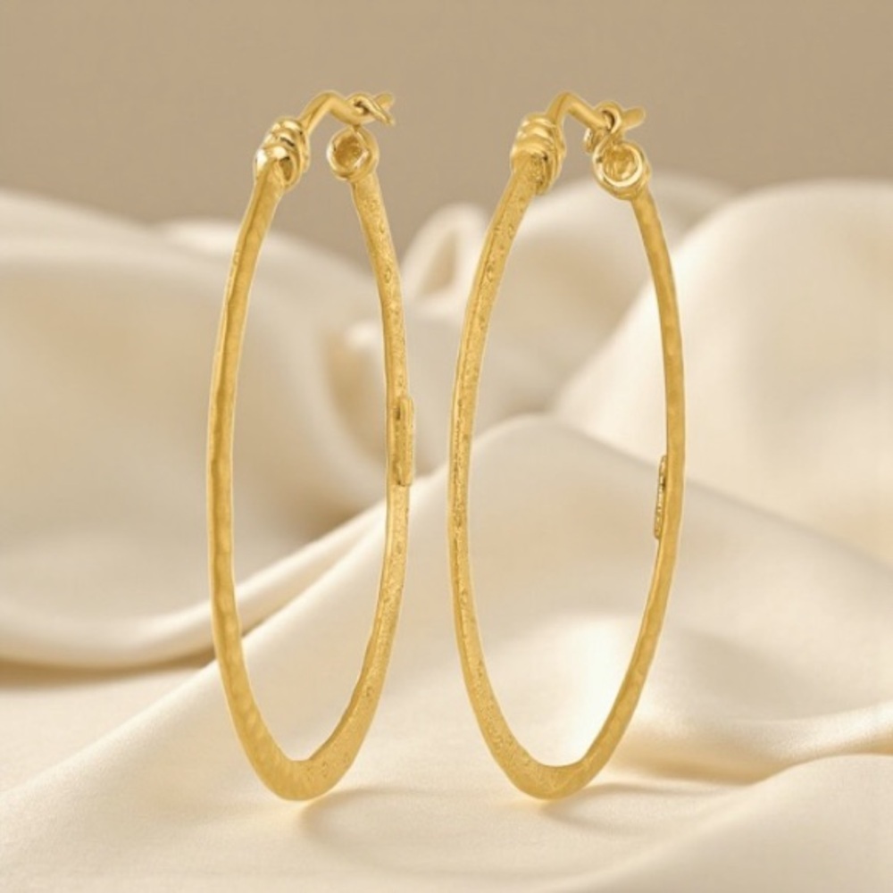 18K Yellow Gold Polished Satin Textured Large Hoop Earrings – Made in Italy